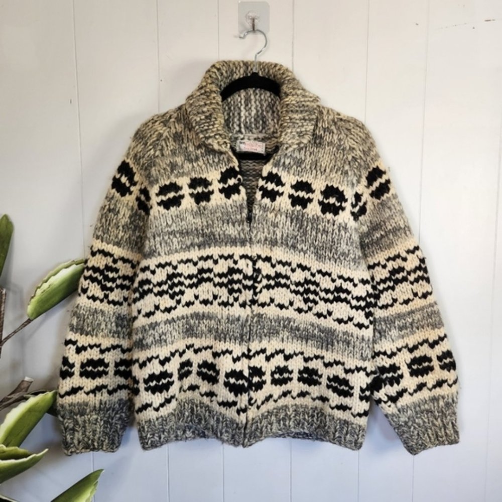 Vintage Cowichan Sweater Wool Boho Bohemian Mens Hippie Zipper Zip Up Winter